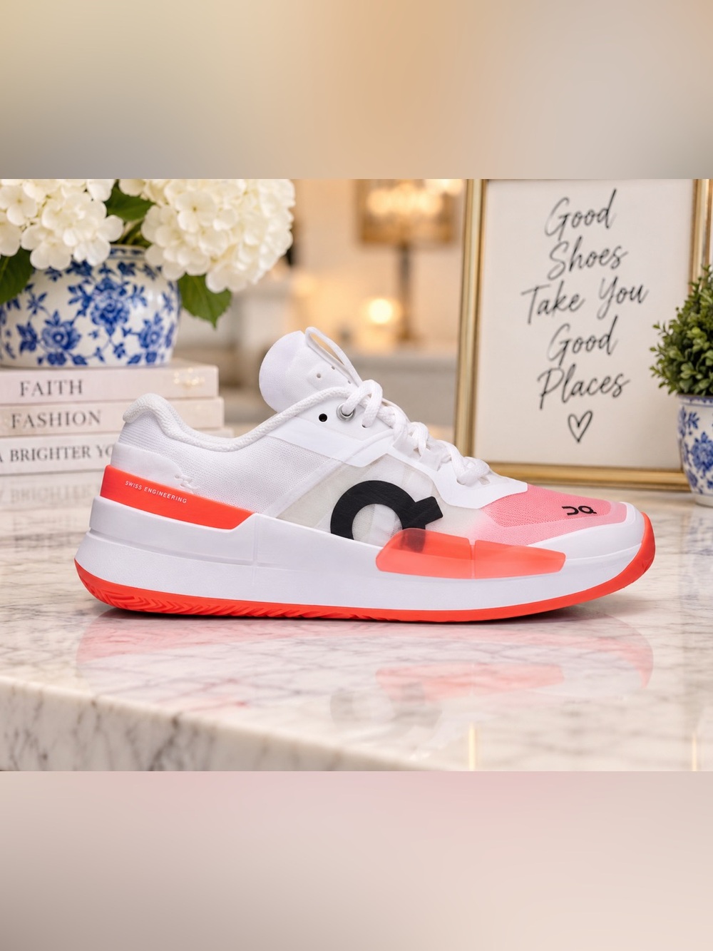 ON Women's White Sneakers with Coral Accents - Lightweight Training Shoe
